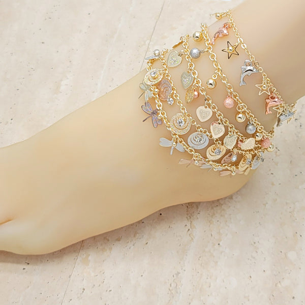 20 Assorted Tricolor Charm Gold Layered Anklets ($5.00) ea