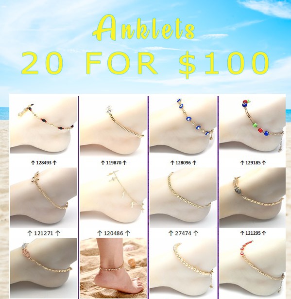 Gold Filled Anklet — 20 Anklets Assorted $5.00 ea Assorted Mixed Styles — main product view — SKU 132101 | Oro Laminado tobillera — 20 Anklets Assorted $5.00 ea Assorted Mixed Styles — SKU 132101