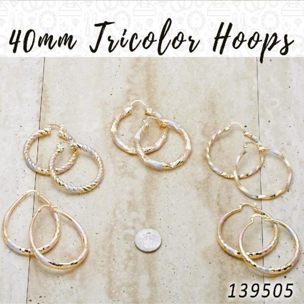 Gold Filled Ring — 27prs of 40mm Diameter Tricolor Hoop Earrings in — main product view — SKU 139505 | Oro Laminado anillo — 27prs of 40mm Diameter Tricolor Hoop Earrings in — SKU 139505