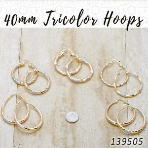 Gold Filled Ring — 27prs of 40mm Diameter Tricolor Hoop Earrings in — main product view — SKU 139505 | Oro Laminado anillo — 27prs of 40mm Diameter Tricolor Hoop Earrings in — SKU 139505