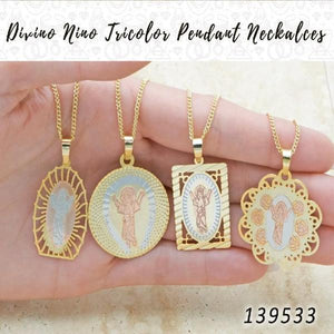 Gold Filled Necklace — 25 Divino Nino Tricolor Pendant Necklaces in $4.00 — main product view — SKU 139533 | Oro Laminado collar — 25 Divino Nino Tricolor Pendant Necklaces in $4.00 — SKU 139533