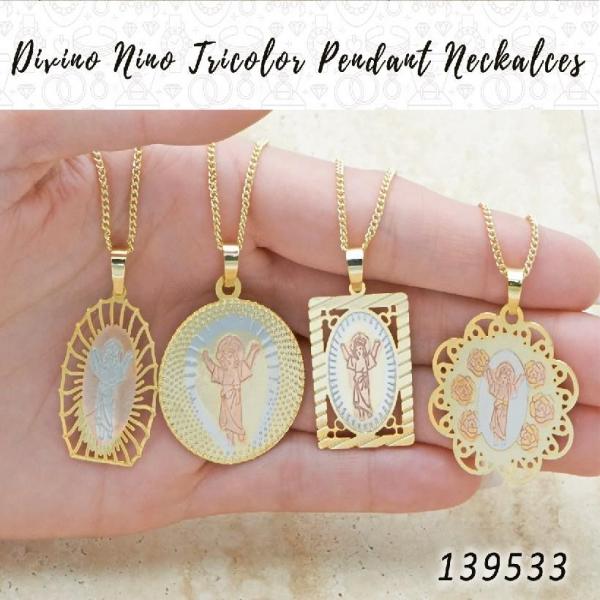 Gold Filled Necklace — 25 Divino Nino Tricolor Pendant Necklaces in $4.00 — main product view — SKU 139533 | Oro Laminado collar — 25 Divino Nino Tricolor Pendant Necklaces in $4.00 — SKU 139533