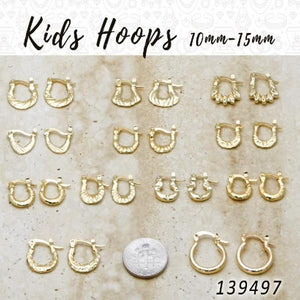 Gold Filled Hoop Earrings — 50prs of Kids Hoops 10mm-15mm in $2.00 ea — main product view — SKU 139497 | Oro Laminado aretes de aro — 50prs of Kids Hoops 10mm-15mm in $2.00 ea — SKU 139497