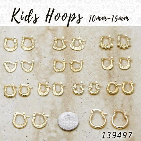 50prs de Kids Hoops (10mm-15mm) en Gold Layered ($2.00) c/u