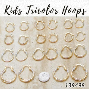 Gold Filled Hoop Earrings — 50prs of Kids Tricolor Hoops 10mm-15mm in $2.00 — main product view — SKU 139498 | Oro Laminado aretes de aro — 50prs of Kids Tricolor Hoops 10mm-15mm in $2.00 — SKU 139498