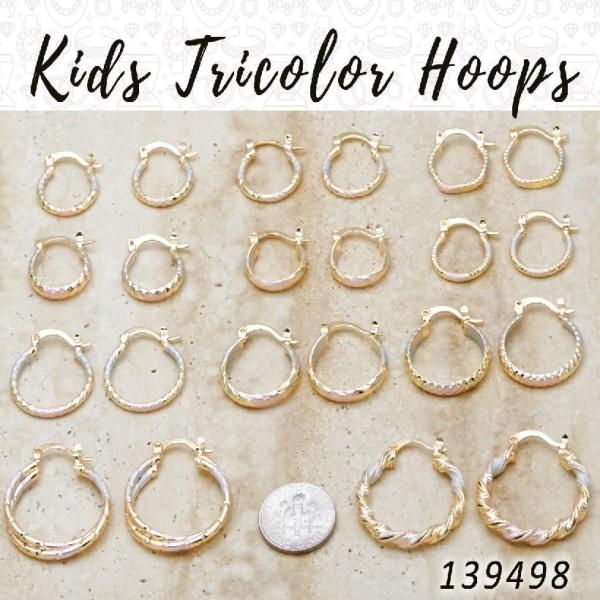 Gold Filled Hoop Earrings — 50prs of Kids Tricolor Hoops 10mm-15mm in $2.00 — main product view — SKU 139498 | Oro Laminado aretes de aro — 50prs of Kids Tricolor Hoops 10mm-15mm in $2.00 — SKU 139498