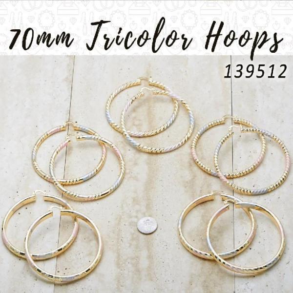 Gold Filled Ring — 20prs of 70mm Diameter Tricolor Hoop Earrings in — main product view — SKU 139512 | Oro Laminado anillo — 20prs of 70mm Diameter Tricolor Hoop Earrings in — SKU 139512