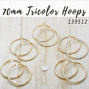 Gold Filled Ring — 20prs of 70mm Diameter Tricolor Hoop Earrings in — main product view — SKU 139512 | Oro Laminado anillo — 20prs of 70mm Diameter Tricolor Hoop Earrings in — SKU 139512