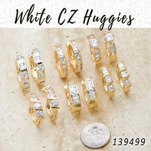 35 Huggies de zirconia blanca en capas de oro ($2.85) c/u