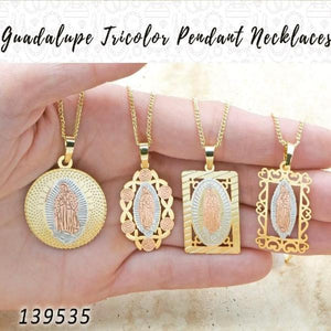 Gold Filled Necklace — 25 Guadalupe Tricolor Pendant Necklaces in $4.00 ea — main product view — SKU 139535 | Oro Laminado collar — 25 Guadalupe Tricolor Pendant Necklaces in $4.00 ea — SKU 139535