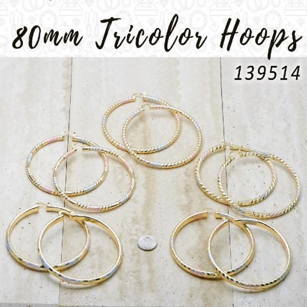 Gold Filled Ring — 18prs of 80mm Diameter Tricolor Hoop Earrings in — main product view — SKU 139514 | Oro Laminado anillo — 18prs of 80mm Diameter Tricolor Hoop Earrings in — SKU 139514