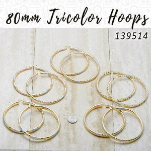 Gold Filled Ring — 18prs of 80mm Diameter Tricolor Hoop Earrings in — main product view — SKU 139514 | Oro Laminado anillo — 18prs of 80mm Diameter Tricolor Hoop Earrings in — SKU 139514