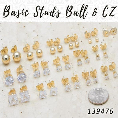 Gold Filled Jewelry — 50 Basic Studs in Ball and Zirconia Styles — main product view — SKU 139476 | Oro Laminado joyería — 50 básico Studs in Ball and Zirconia Styles — SKU 139476