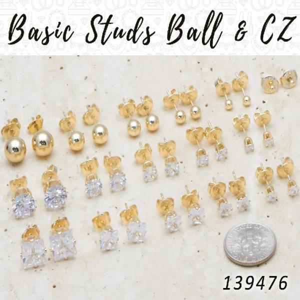 Gold Filled Jewelry — 50 Basic Studs in Ball and Zirconia Styles — main product view — SKU 139476 | Oro Laminado joyería — 50 básico Studs in Ball and Zirconia Styles — SKU 139476