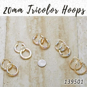Gold Filled Ring — 35prs of 20mm Diameter Tricolor Hoop Earrings in — main product view — SKU 139501 | Oro Laminado anillo — 35prs of 20mm Diameter Tricolor Hoop Earrings in — SKU 139501