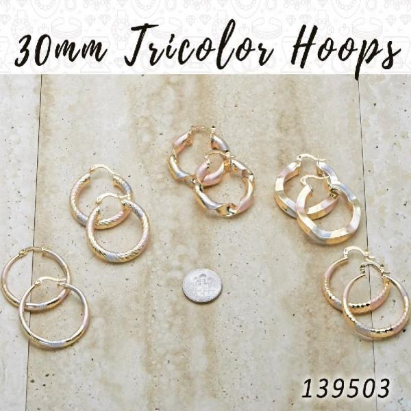 30prs of 30mm Diameter Tricolor Hoop Earrings in Gold Layered ($3.33) ea