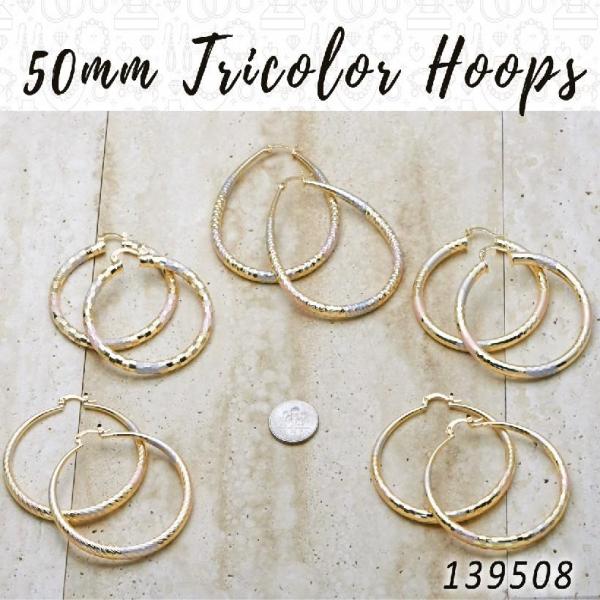Gold Filled Ring — 25prs of 50mm Diameter Tricolor Hoop Earrings in — main product view — SKU 139508 | Oro Laminado anillo — 25prs of 50mm Diameter Tricolor Hoop Earrings in — SKU 139508