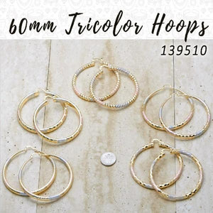 Gold Filled Ring — 22prs of 60mm Diameter Tricolor Hoop Earrings in — main product view — SKU 139510 | Oro Laminado anillo — 22prs of 60mm Diameter Tricolor Hoop Earrings in — SKU 139510