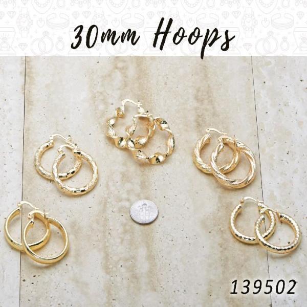 30prs of 30mm Diameter Hoop Earrings in Gold Layered ($3.33) ea