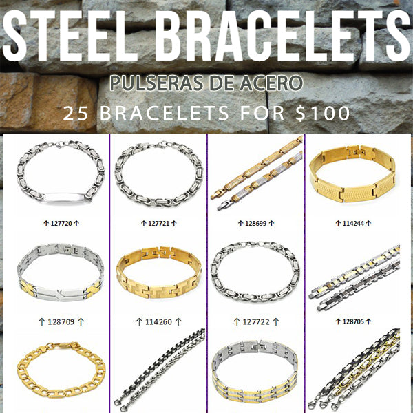 Assorted men's steel bracelets in silver, gold and two-tone finishes, SKU 132094